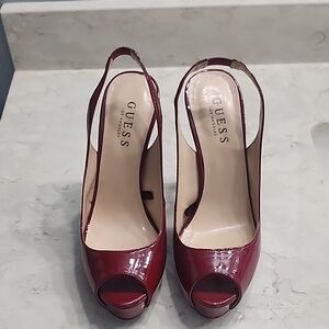 7.5M GUESS Women’s Burgundy Patent Peep-Toe Slingback Heels